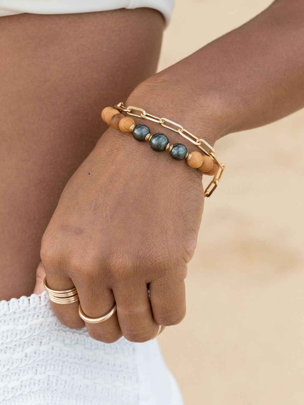 Gold Bracelet - Triple Tahitian Pearl Sandalwood Bead Bracelet - Kalani - ke aloha jewelry