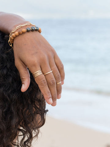 Gold Bracelet - Triple Tahitian Pearl Sandalwood Bead Bracelet - Kalani - ke aloha jewelry