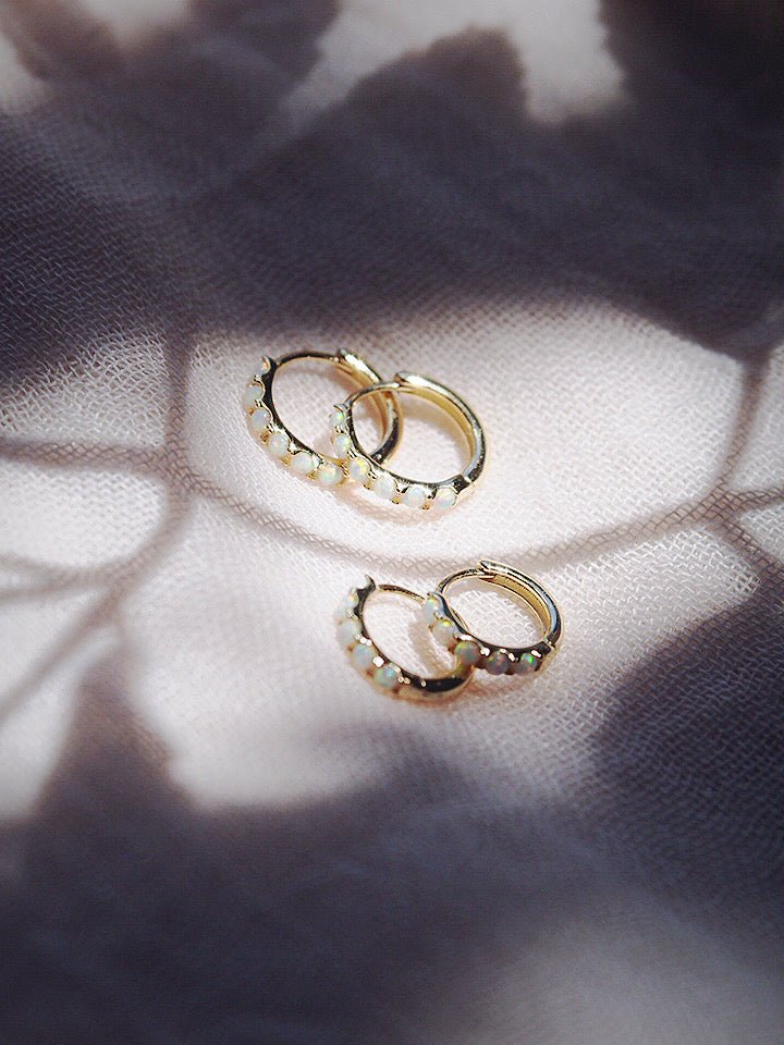 Earrings - White Opal Huggie Hoop Earrings - Ipolani - ke aloha jewelry