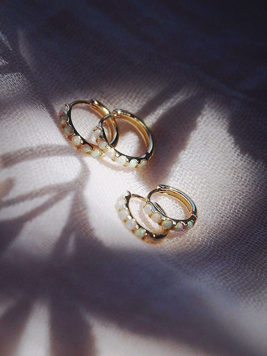 Earrings - White Opal Huggie Hoop Earrings - Ipolani - ke aloha jewelry