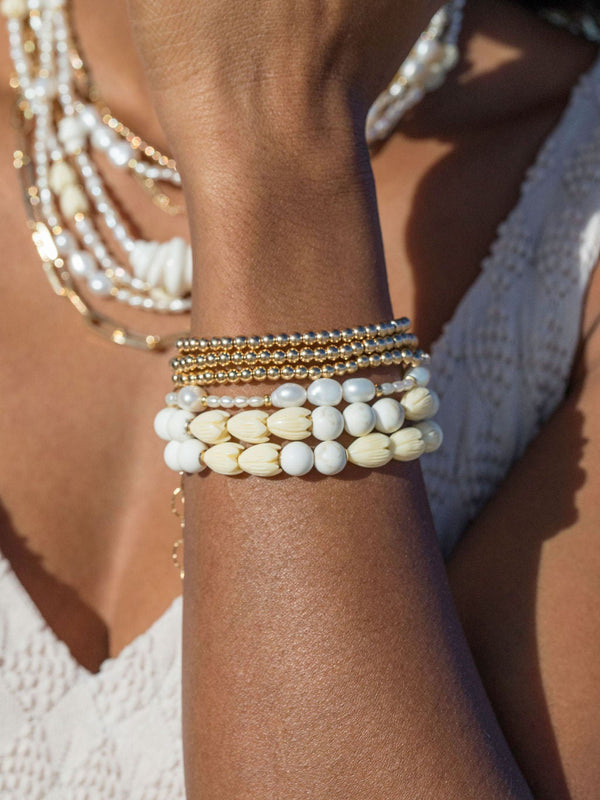 Gold Bracelet - White Turquoise Pikake Flower Bead Bracelet - Hakumele - ke aloha jewelry