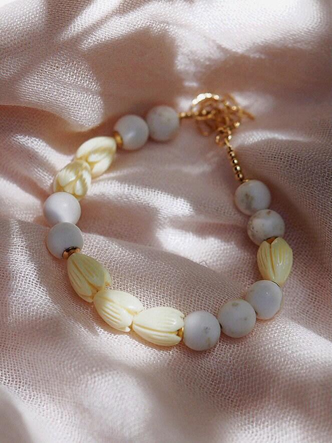 Gold Bracelet - White Turquoise Pikake Flower Bead Bracelet - Hakumele - ke aloha jewelry