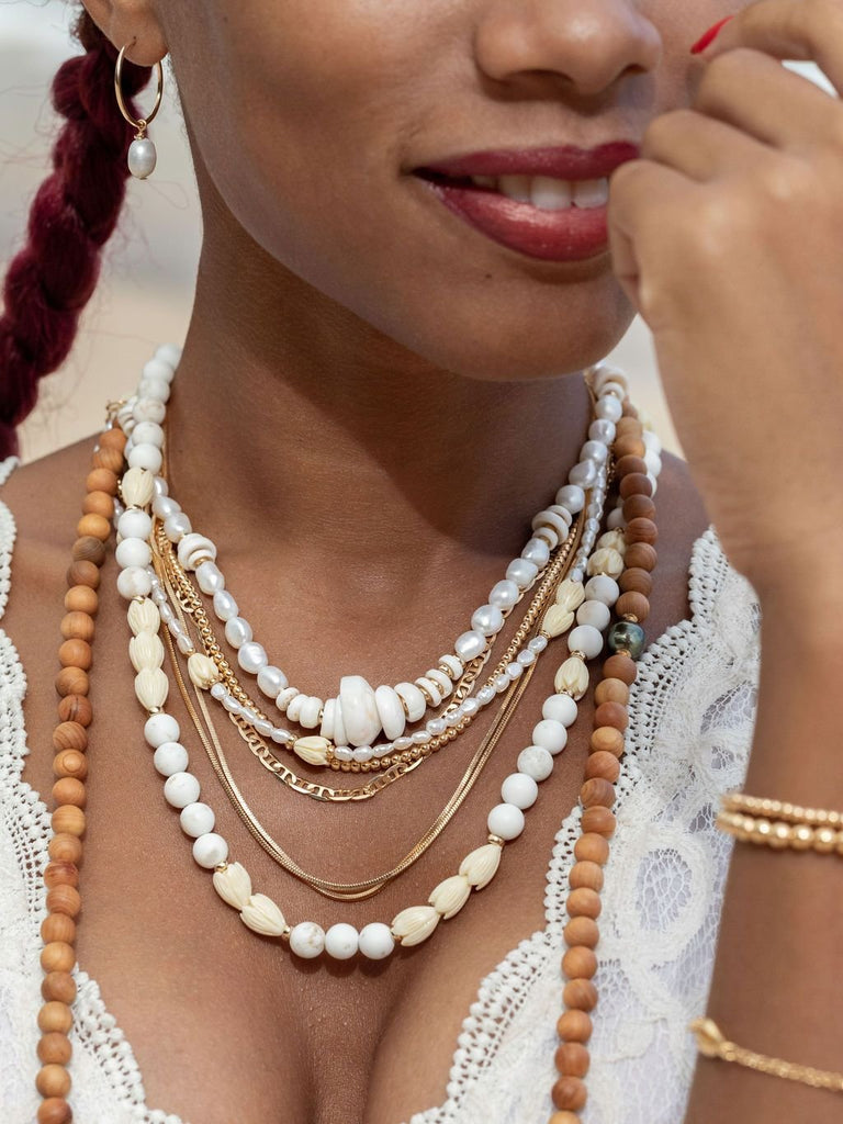 Gold Necklace - White Turquoise Pikake Flower Bead Necklace - Hakumele - ke aloha jewelry