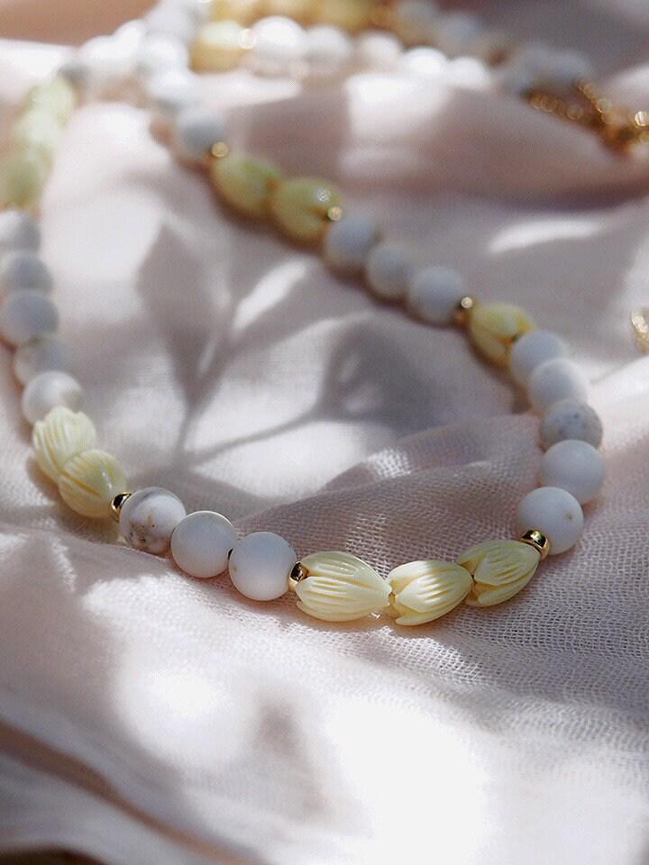 Gold Necklace - White Turquoise Pikake Flower Bead Necklace - Hakumele - ke aloha jewelry