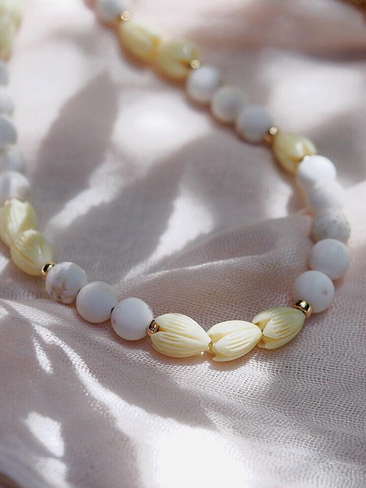 Gold Necklace - White Turquoise Pikake Flower Bead Necklace - Hakumele - ke aloha jewelry